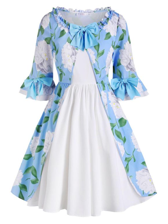 Robe Florale de Grande Taille Ourlet à Volants avec Nœud Papillon - Bleu clair 5X