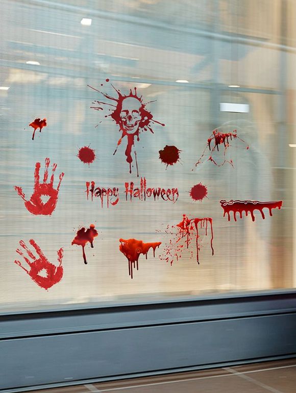 Autocollant Mural d'Halloween Motif de Crâne et de Sang - Rouge 45X30CM