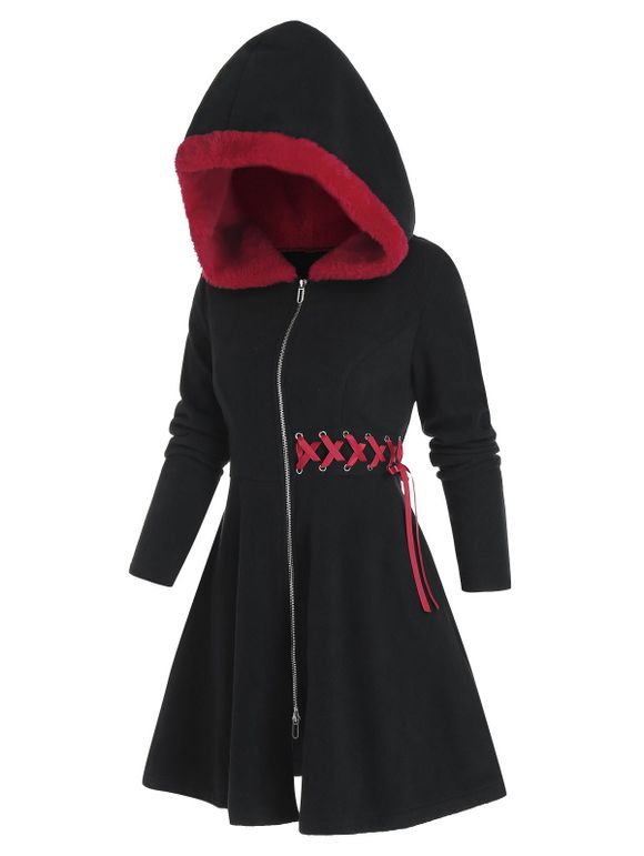 Manteau à Capuche Zippé à Lacets en Laine - Noir XL