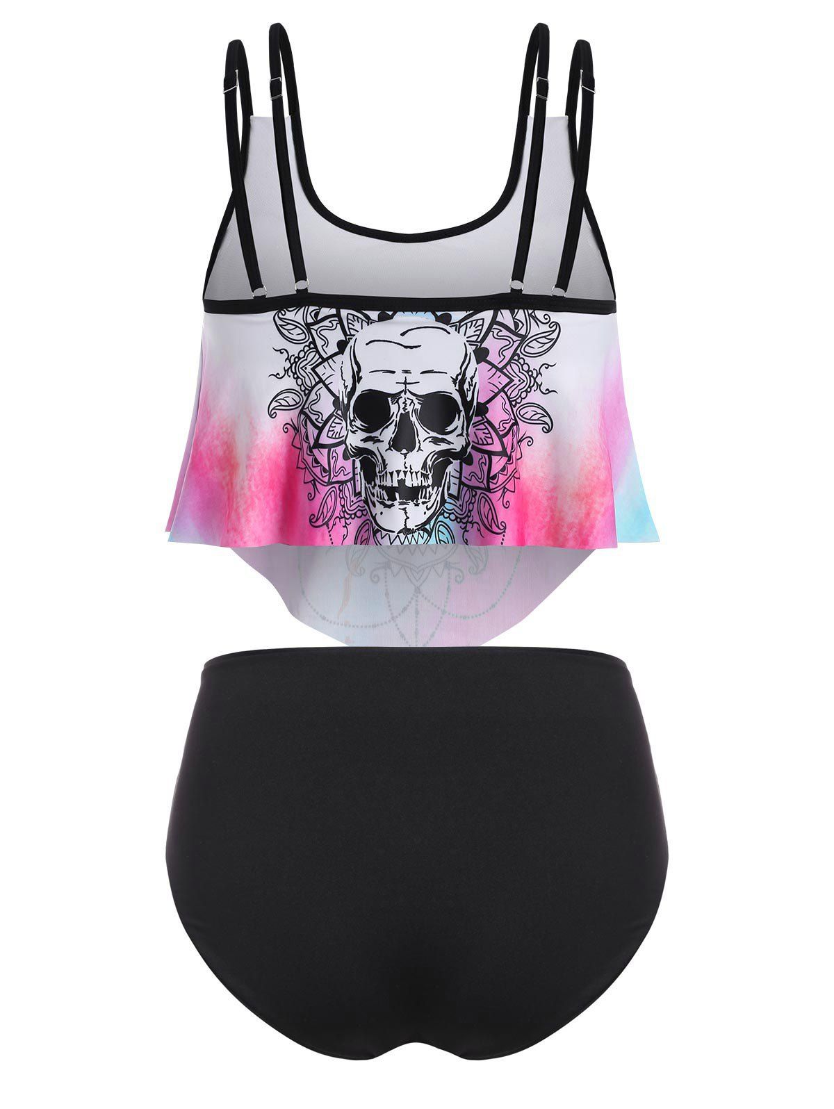 [37 OFF] 2021 Plus Size Skull Print Ruffle Halloween Tankini Swimwear