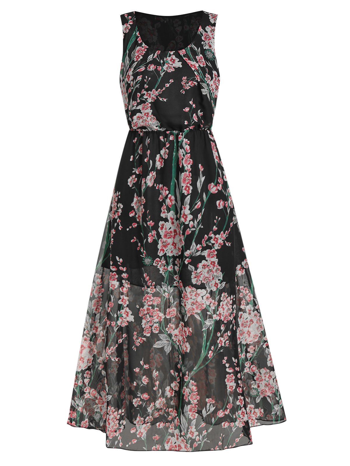 Floral Print Elastic Waist Maxi Dress - BLACK S