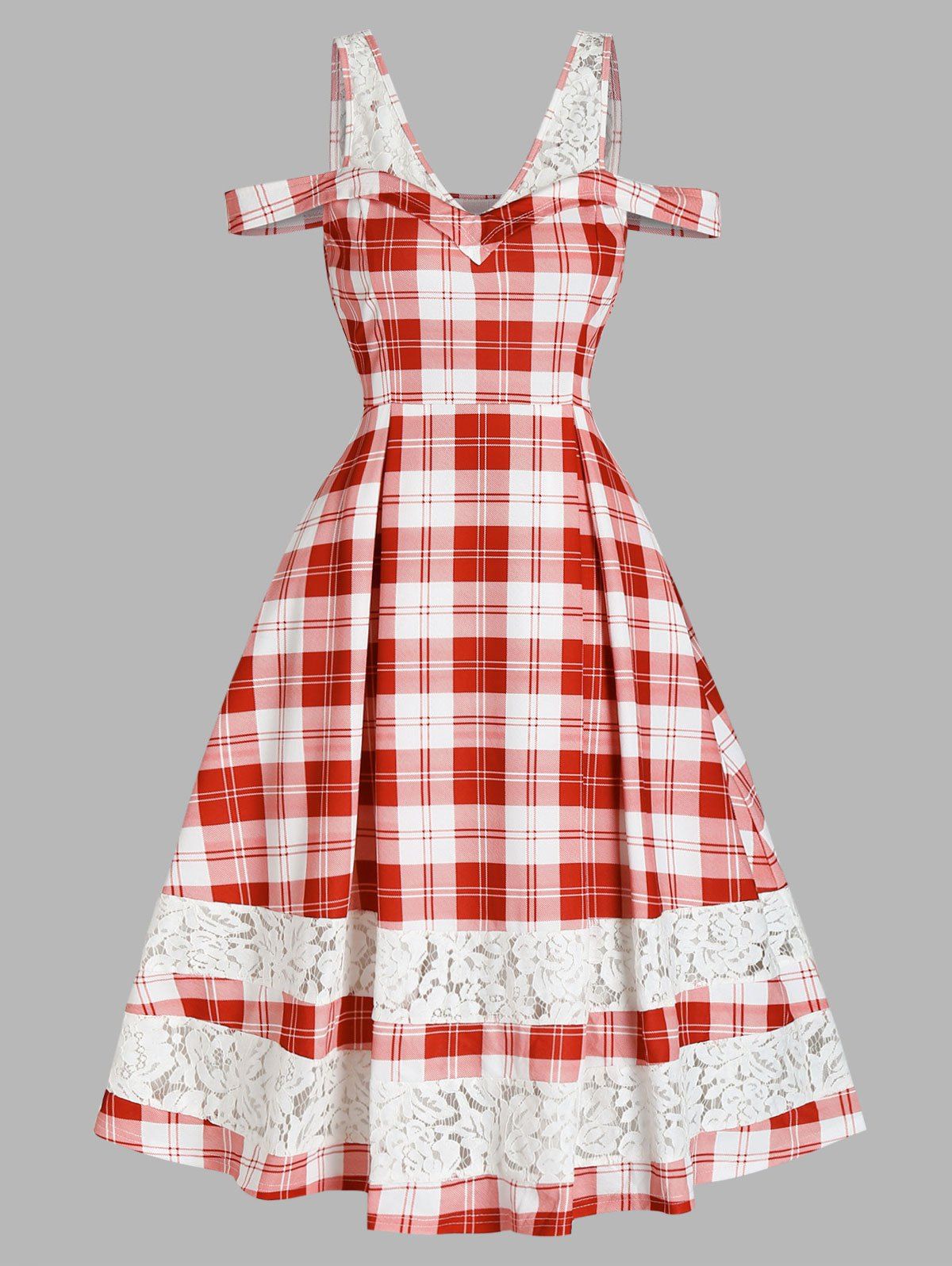 Plaid Print A Line Vintage Dress Cold Shoulder Lace Insert V Neck Dress - RED 3XL