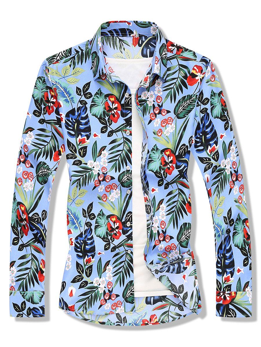 Plant Leaf Floral Print Beach Casual Shirt - LIGHT BLUE 2XL