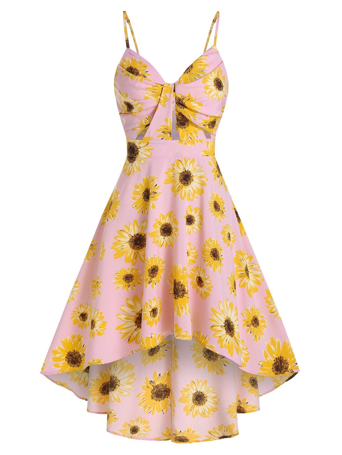 Vacation Sunflower Print Sundress Spaghetti Strap Summer High Low A Line Dress - LIGHT PINK S
