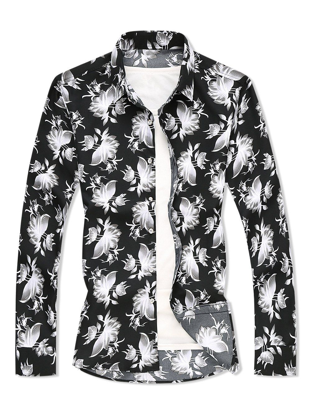 Chemise Boutonnée à Imprimé Fleur et Plante - Noir XL