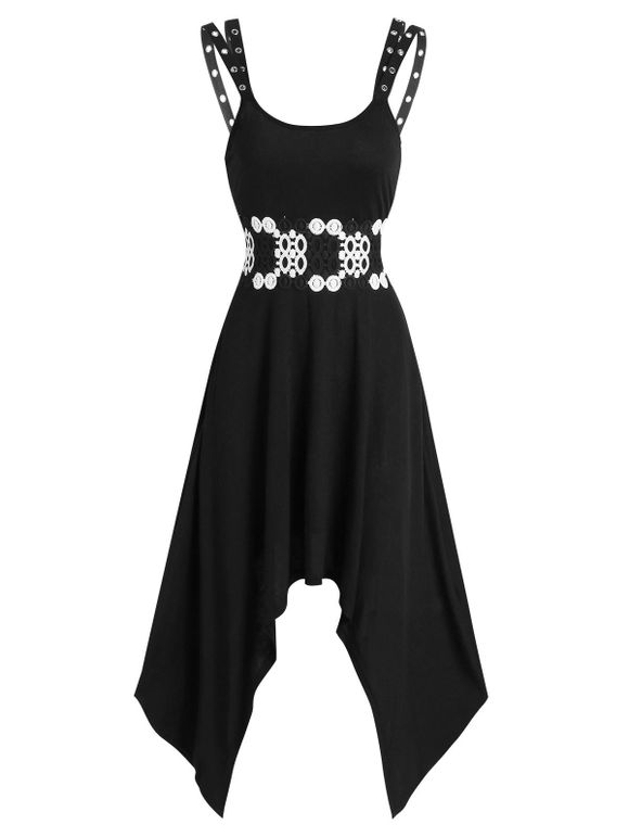 Lace Panel High Waist Asymmetrical Long Cami Dress - BLACK M