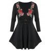 T-shirt Tunique Fleur Brodée de Grande Taille à Manches Longues - Noir 3X