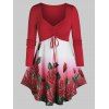 T-shirt Sanglé Ombré Fleur Noué de Grande Taille à Manches Longues - Rouge Saint Valentin L
