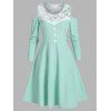 Cold Shoulder Lace Insert Mock Button Ribbed Dress - AQUAMARINE M