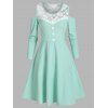 Robe Côtelée Epaule Dénudée en Dentelle Insérée avec Bouton - Bleu Vert XL