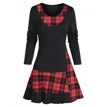 

Long Sleeve Plaid Print Casual Dress, Black