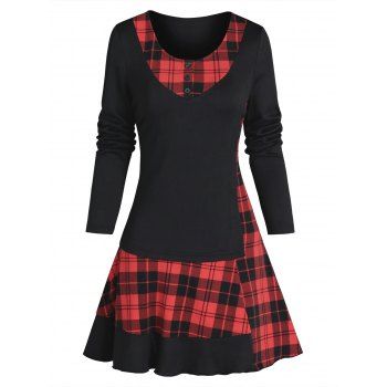 

Plaid 2 In 1 A Line Mini Dress Vintage Long Sleeve Mock Button Casual Dress, Black