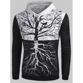 

Reflective Tree Sun and Moon Print Two Tone Hoodie, Black