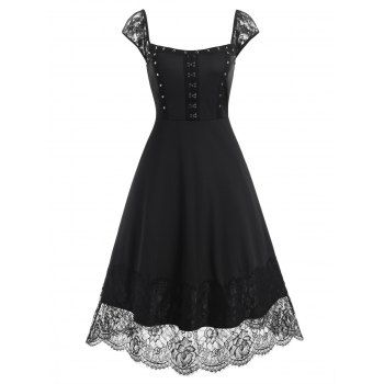 

Lace Panel Corset Style Rivets Hook and Eye Dress, Black