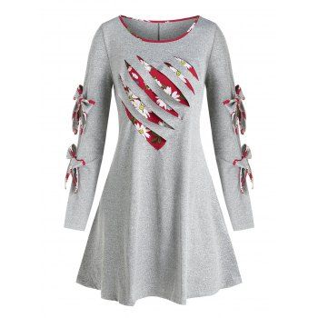 

Long Sleeve Daisy Print Bowknot Detail Ripped Dress, Light gray