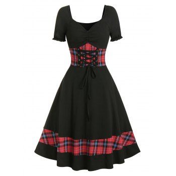 

Plaid Panel Lace-up Puff Sleeve Rockabilly Dress, Black