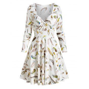 Feather Pattern Twist High Waist Dress, White