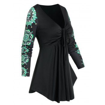 

Skull Flower Print Cinched V Neck T-shirt, Black