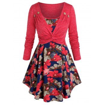 

Plus Size Button Twist Flower Print T-shirt, Cherry red
