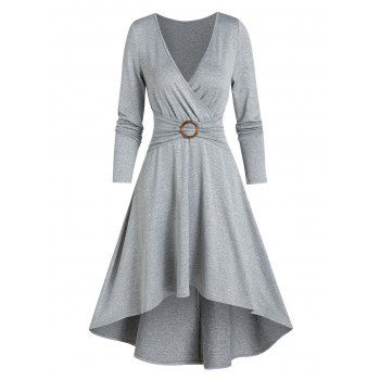 

V Neck O Ring Wrap A Line Dress, Gray