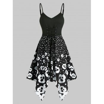 

Skull Spotty Lace Up Asymmetrical Cami Dress, Black