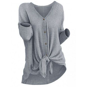 

Button Front Knot Knitted Top, Gray cloud