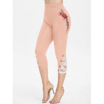 

Flower Embroidered Button Embellished Capri Leggings, Pink