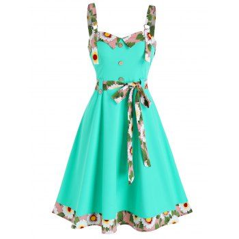 

Floral Trim Mock Button Sleeveless Flare Dress, Light green