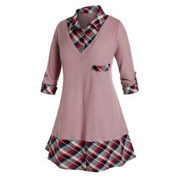 

Plus Size 2 In 1 Plaid Shirt Collar Sweater, Khaki rose