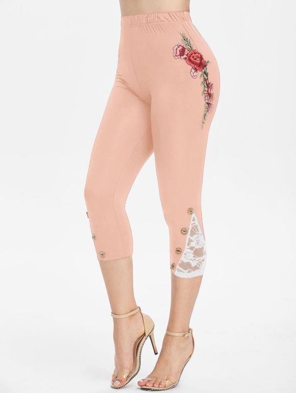 Legging Capri Fleur Brodée Embelli de Bouton - Rose 3XL
