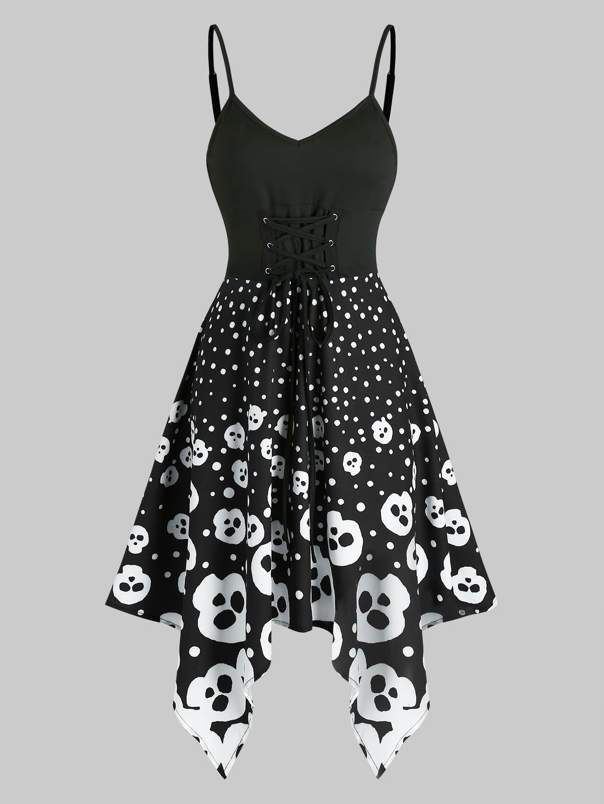 Skull Spotty Lace Up Asymmetrical Cami Dress - BLACK M