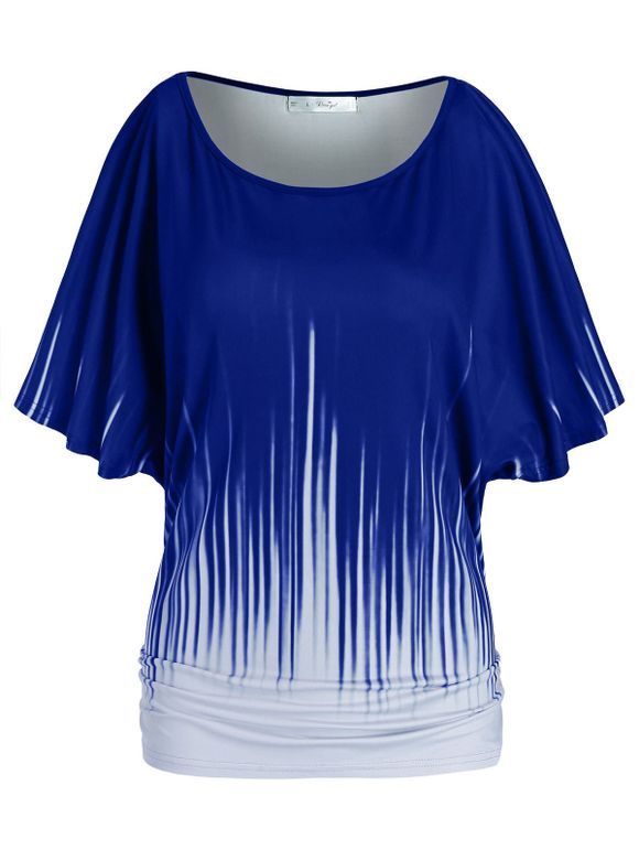 T-shirt Grande Taille à Manches Chauve-souris à Volants - Bleu 5X