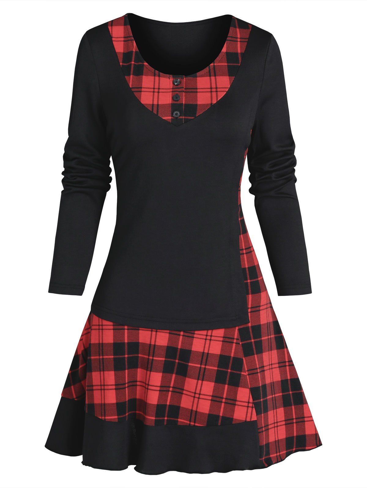 Plaid 2 In 1 A Line Mini Dress Vintage Long Sleeve Mock Button Casual Dress - BLACK L