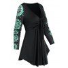 Skull Flower Print Cinched V Neck T-shirt - BLACK M