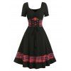 Robe Vintage à Carreaux à Manches Bouffantes à Lacets - Noir XL