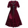 Plus Size Retro Velour Lace Ruffle Dress - DEEP RED L