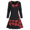 Robe Décontractée à Carreaux Faux Bouton Imprimée à Manches Longues 2 en 1 - Noir 2XL