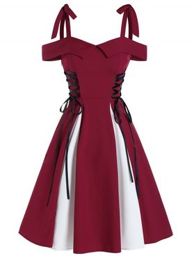 Contrast Godet Corset Style Cold Shoulder Lace-up Flare Dress