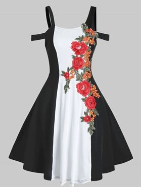 Retro Colorblock Cutout Dress Floral Embroidered Cold Shoulder Two Tone Fit and Flare Dress