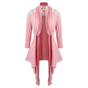 

Plus Size Lace Panel Twisted Collarless Asymmetrical Cardigan, Flamingo pink