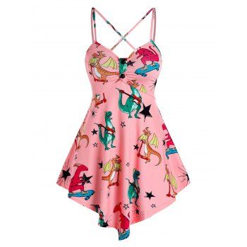 

Cartoon Dinosaur Print Pointed Hem Cami Top, Pink
