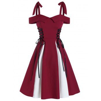 

Contrast Godet Corset Style Cold Shoulder Lace-up Flare Dress, Red wine