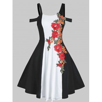 

Retro Colorblock Cutout Dress Floral Embroidered Cold Shoulder Two Tone Fit and Flare Dress, Multicolor a