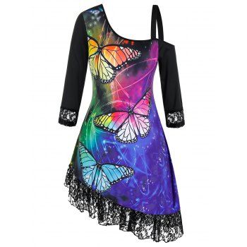

Plus Size Butterfly Print Lace Trim Asymmetric T Shirt, Black