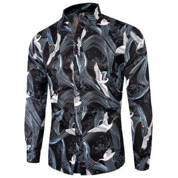 

Flying Crane Waves Print Button Up Shirt, Black