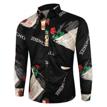 

Newspaper Flower Letter Print Casual Shirt, Black