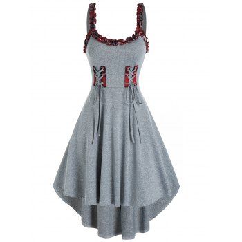 

Checked Ruffled Trim High Waist Cami High Low Dress, Light gray