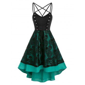

Lace Up Skull Pattern Layered Lace High Low Dress, Black