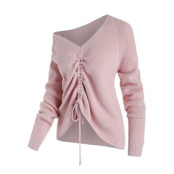 

Plus Size Skew Collar Cinched Front Sweater, Light pink