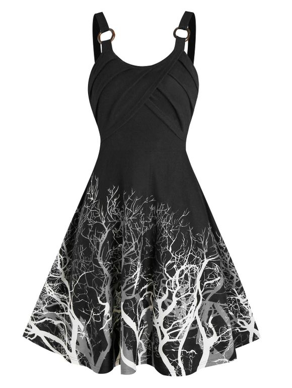 Mini Robe Plissée Teintée à Imprimé Arbre à Bretelle - Noir 2XL